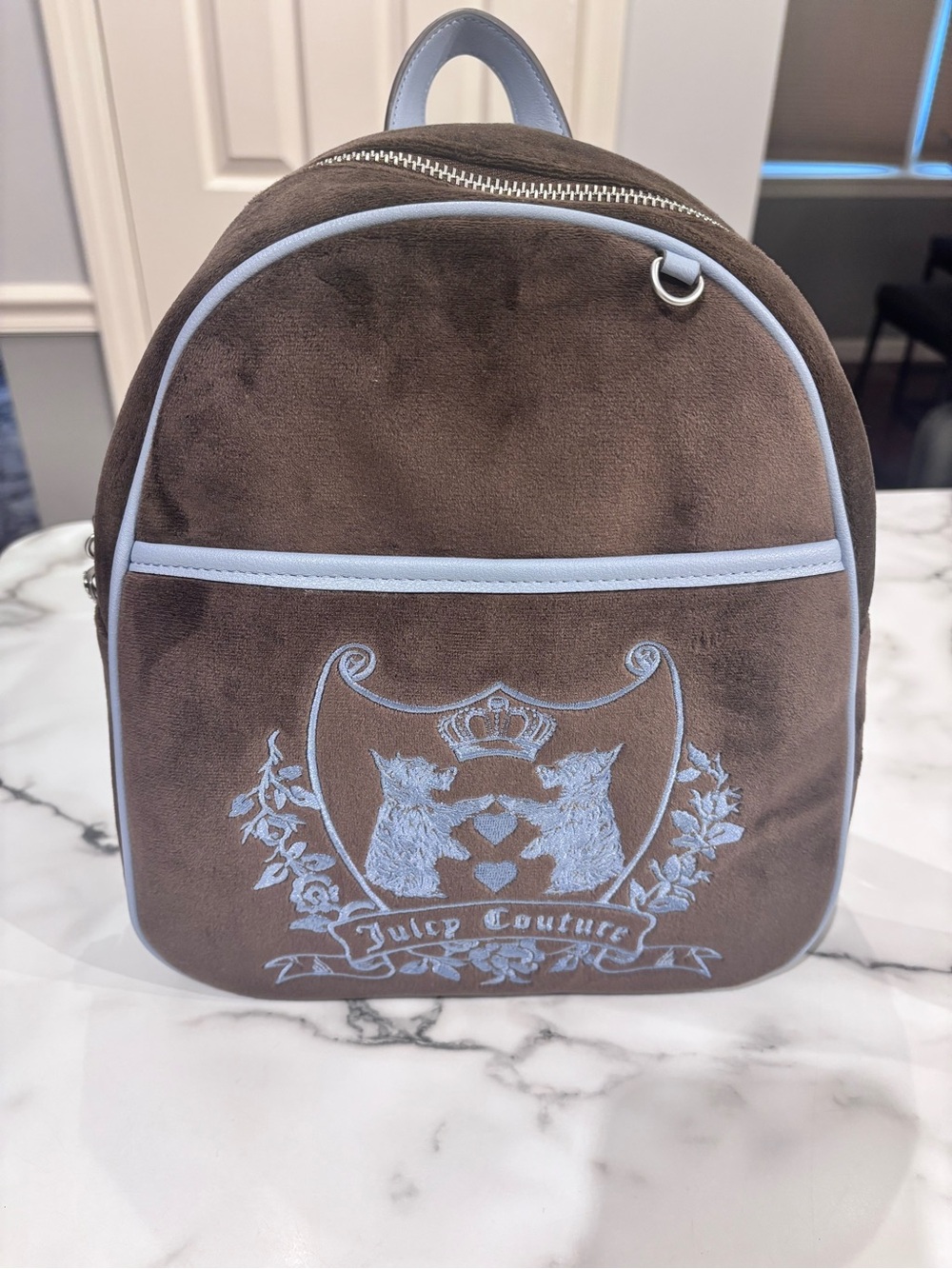 Juicy Couture Brown Suede Mini Backpack with Light Blue Trim and Crest